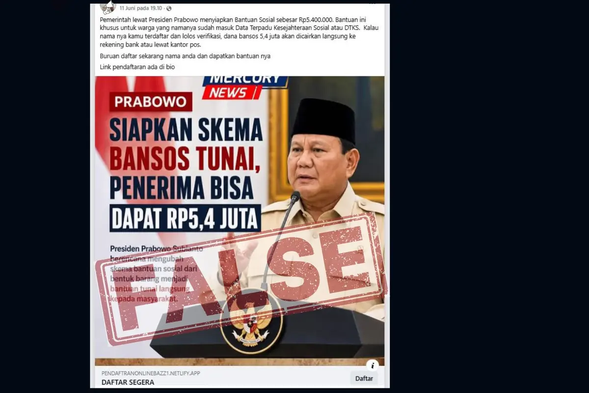 Tangkapan layar Cek Fakta Liputan6.com menelusuri klaim link pendaftaran bansos Rp 5,4 juta dari Prabowo