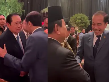 Dalam sebuah foto yang beredar, SBY dan Jokowi terlihat berjabat tangan erat dengan ekspresi serius. Momen ini menjadi sorotan karena keduanya jarang terlihat dalam satu acara dengan interaksi sedekat itu. Foto lainnya menunjukkan Prabowo dan Jokowi berbincang dengan senyum lebar, menciptakan suasana yang lebih akrab.  (Liputan6.com/IG/@jokowi)