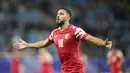 Pemain Yordania, Mousa Altamari, melakukan selebrasi setelah mencetak gol ke gawang Malaysia dalam laga Grup E Piala Asia 2023 yang digelar di Al Janoub Stadium, Al Wakrah, Selasa (16/1/2024). Empat gol kemenangan Yordania atas Malaysia diborong oleh dua pemain, masing-masing Mahmoud Al-Mardi dan Musa Al-Tamari. (AP Photo/Aijaz Rahi)