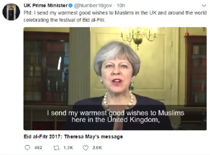 Ucapan Hari Raya Idul Fitri dari Perdana Menteri Inggris Theresa May (Twitter/@Number10gov)