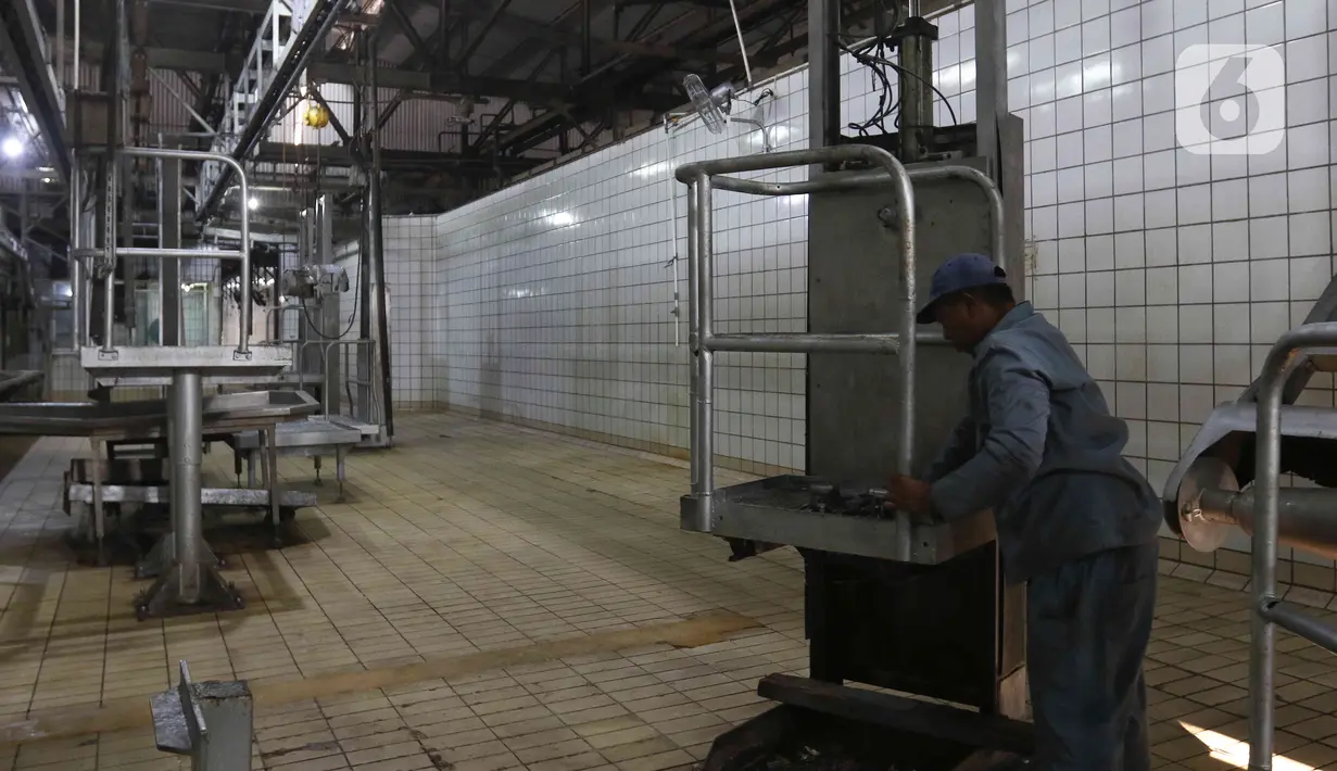 Pekerja mengecek peralatan untuk memotong hewan di Rumah Pemotongan Hewan (RPH) PD Dharma Jaya, Cakung, Jakarta, Jumat (8/7/2022). Pihak pengelola RPH mencatat sekitar 135 sapi kurban akan dipotong di tempat tersebut pada Idul Adha 2022 yang akan dilaksanakan selama tiga hari. (Liputan6.com/Herman Zakharia)