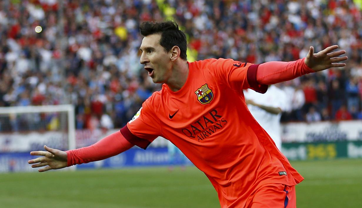 Selebrasi Lionel Messi usai cetak gol pertama untuk Barcelona (REUTERS/Marcelo del Pozo)