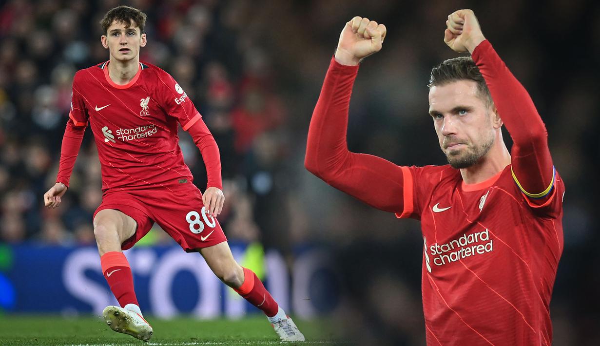 Nama pertama yang bisa menjadi penerus Henderson adalah Tyler Morton. Pemuda 19 tahun itu mampu tampil impresif saat laga Liverpool melawan Porto di Liga Champions musim ini. Morton membuat dua intersep dan memiliki tingkat penyelesaian operan sebesar 83%. (Foto: AFP/Paul Ellis dan Lindsey Parnaby)