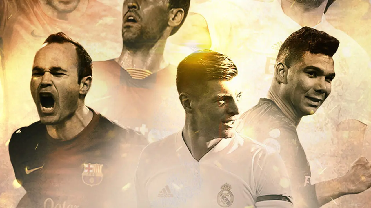 Ilustrasi - Xavi, Andres Iniesta, Sergio Busquets, Luka Modric, Toni Kroos, Casemiro