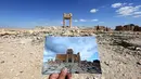 Seorang fotografer memegang foto Temple of Bel yang diambil pada tanggal 14 Maret 2014 di depan sisa-sisa kuil bersejarah setelah dihancurkan oleh ISIS pada September 2015 di kota kuno Palmyra, Suriah, 31 Maret 2016. (Joseph EID/AFP)