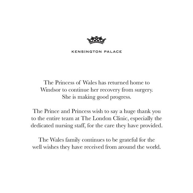 Unggahan Istana Kensington mengenai kondisi Kate Middleton. (Instagram/ princeandprincessofwales)