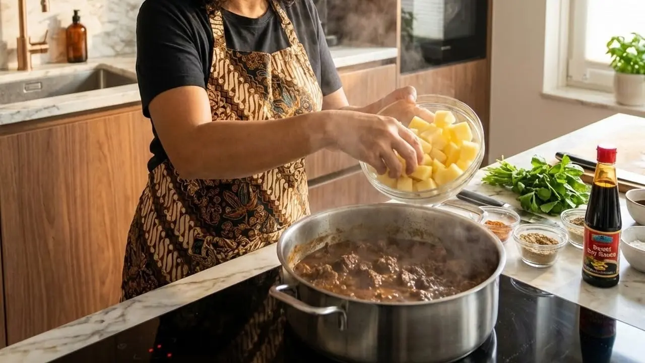 Menambah potongan kentang ke masakan