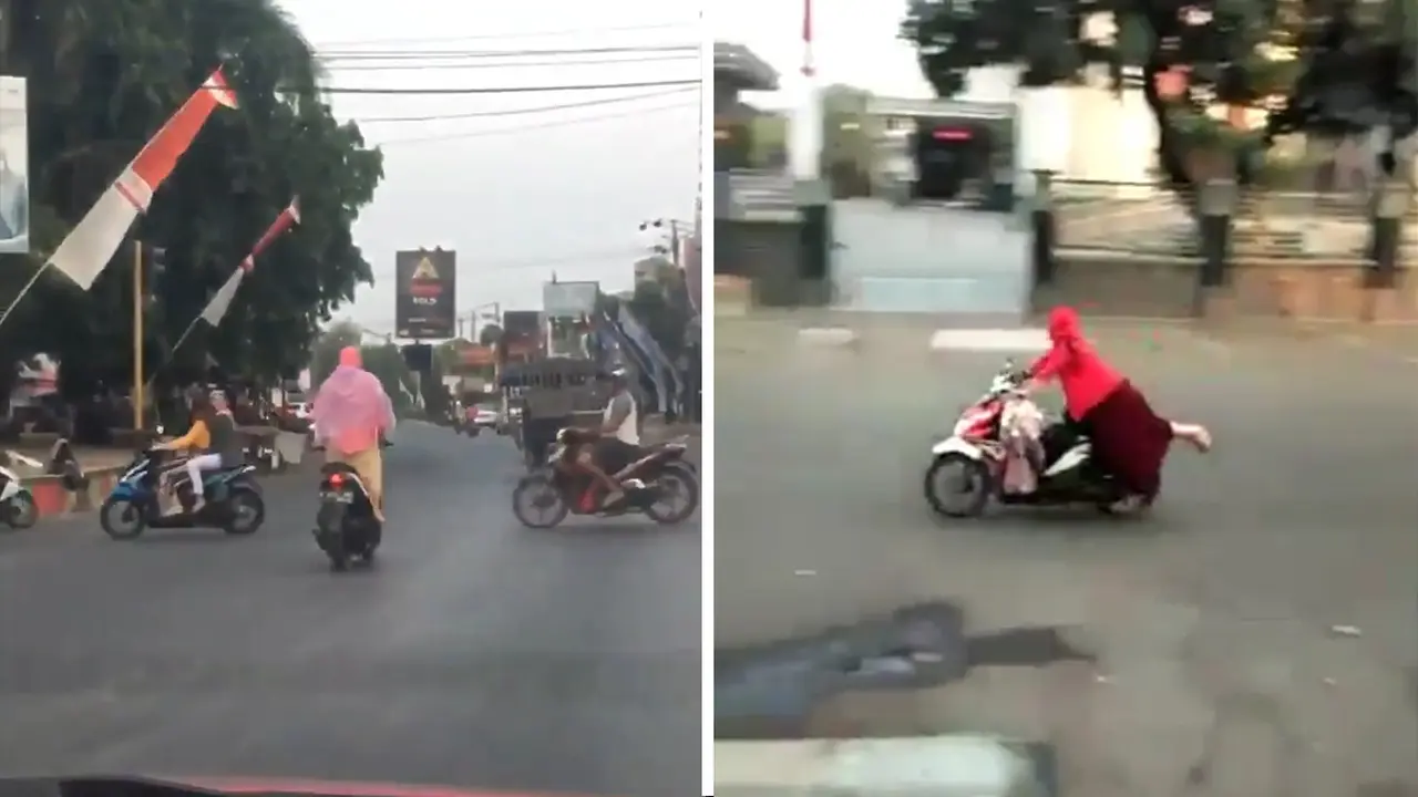 Perempuan Berdiri saat Mengendarai Motor