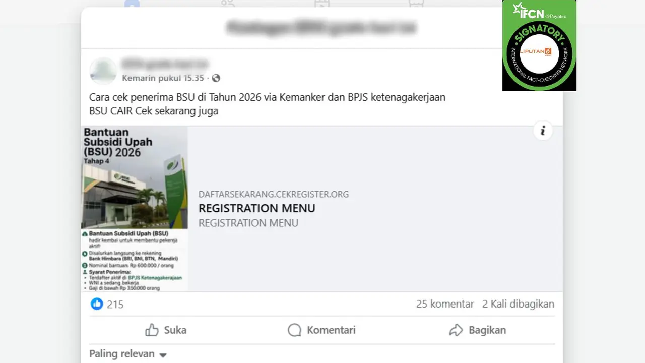 Tangkapan layar klaim link untuk mengecek status penerima BSU 2026 via Kemnaker dan BPJS Ketenagakerjaan yang beredar di Facebook. cek faktanya.