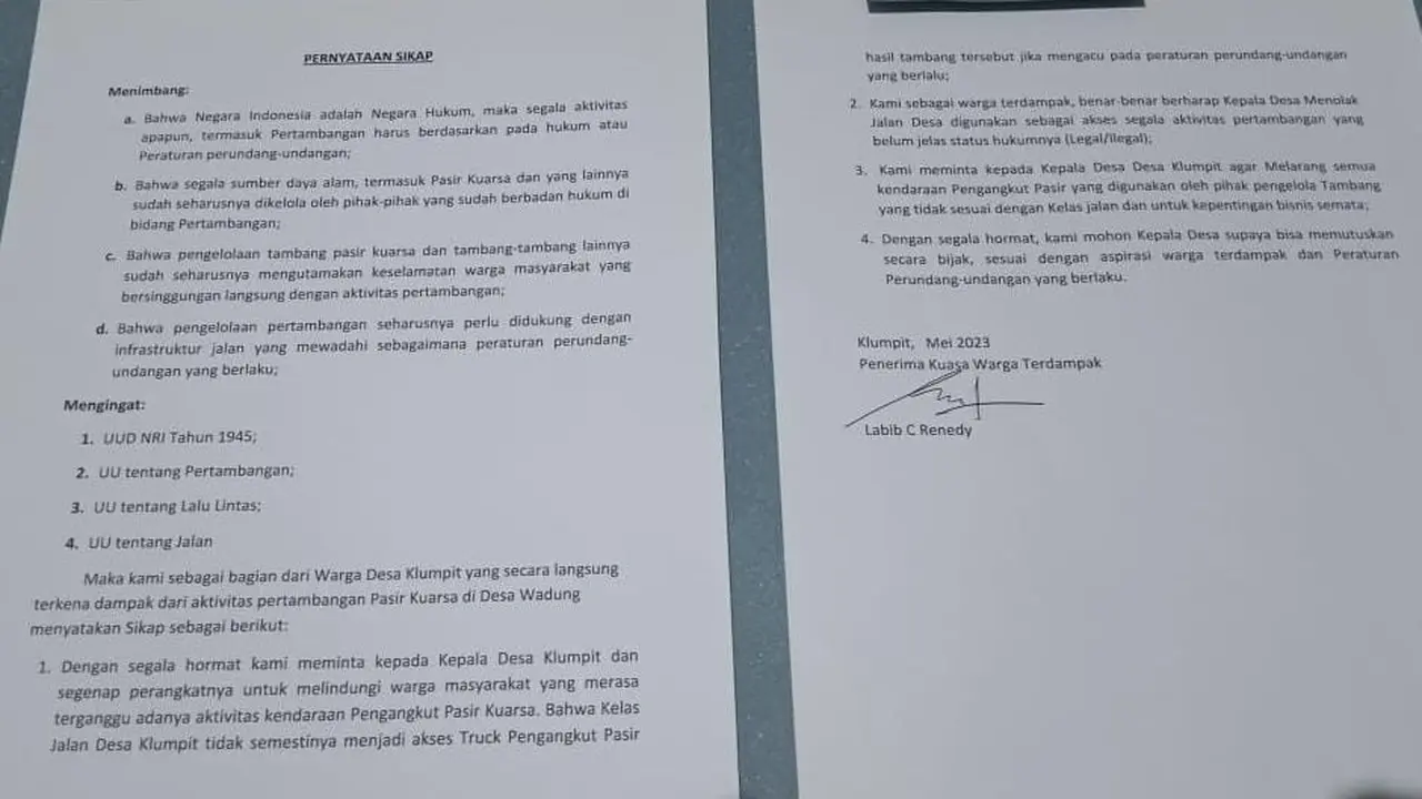 Surat protes warga menolak penambangan pasir di Tuban. (Istimewa)