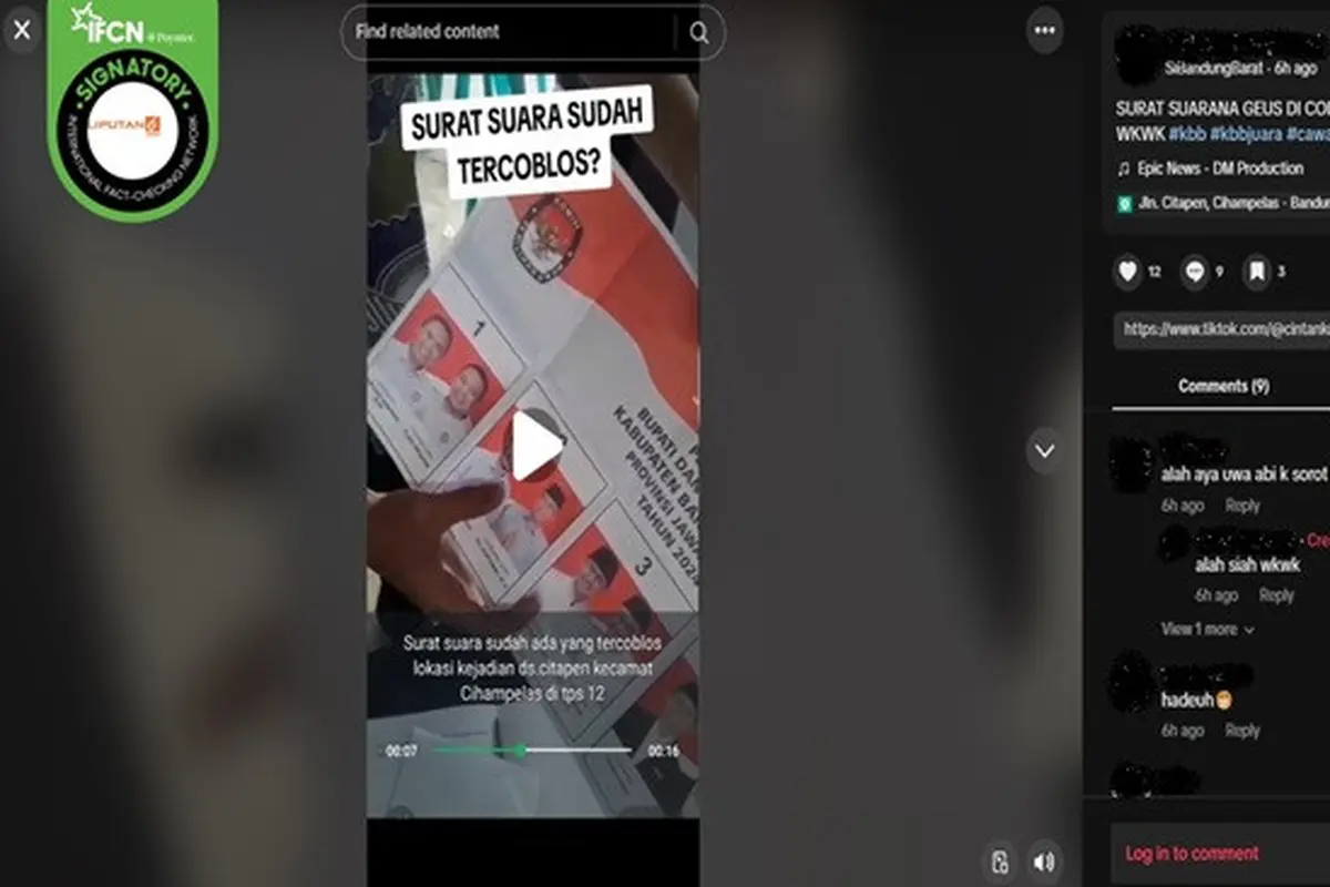 Gambar tangkapan kabar tentang surat suara sudah tercoblos di Pilbup Bandung Barat 2024. (sumber: TikTok)