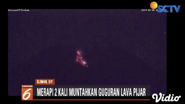 Senin dini hari Gunung Merapi muntahkan dua kali lava pijar dengan jarak luncur capai 950 meter.