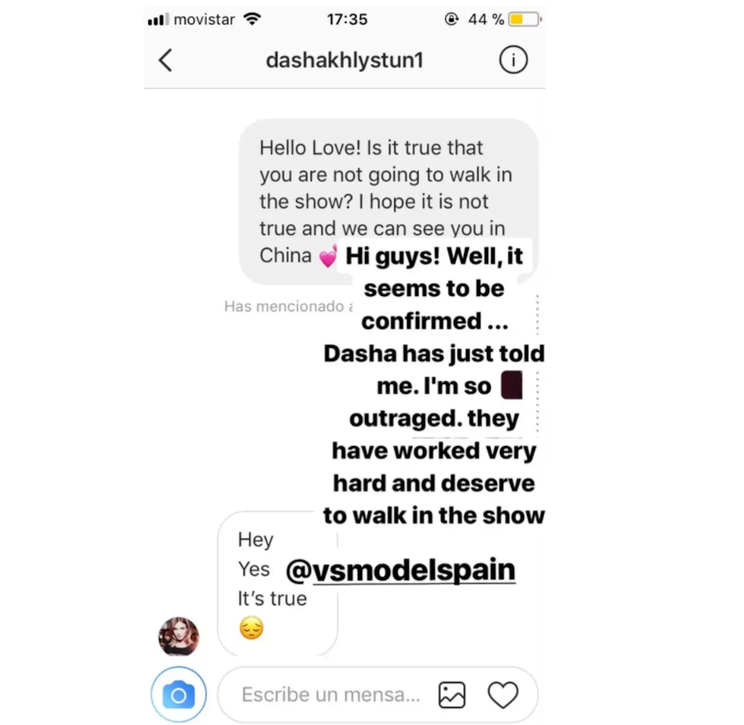Konfirmasi Dasha Khlystun di direct message instagram (instagram/vsmodelspain)