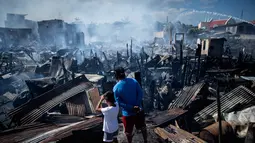 Warga melihat rumah-rumah mereka hangus terbakar di sebuah daerah kumuh di Navotas, Manila (8/11). Dilaporkan sekitar 150 keluarga terkena dampak kebakaran tersebut. (AFP Photo/Noel Celis)