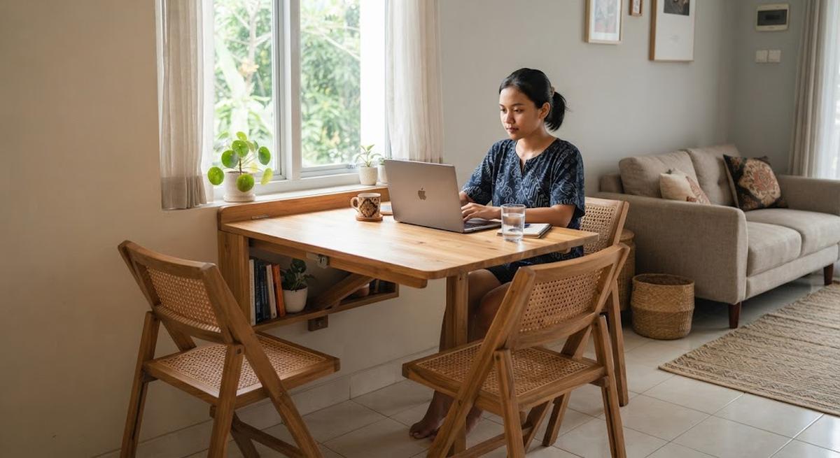 Ide meja makan lipat untuk rumah dengan ruang terbatas yang praktis untuk rumah KPR maupun subsidi model dua fungsi jadi meja kerja