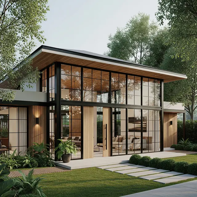 Gambar Rumah Minimalis Tampak Depan dengan Aksen Kaca Modern yang Terlihat Mewah (Image by Gemini AI)