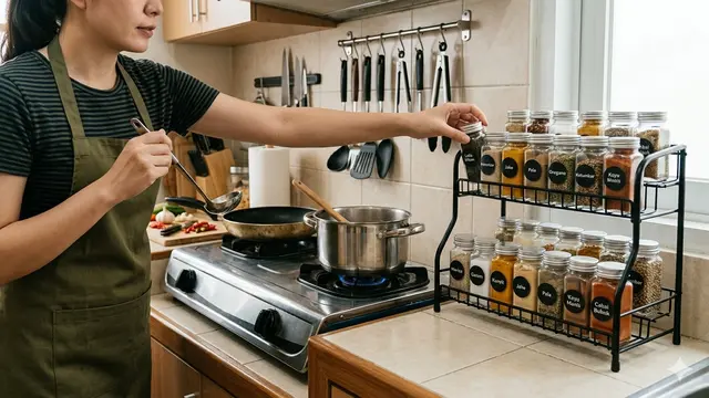 Cara Menyusun Rak Bumbu Dekat Kompor (Foto: Gemini AI)
