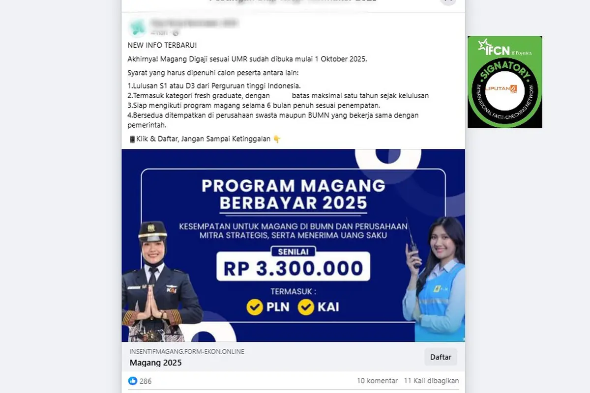 Tangkapan layar klaim link pendaftaran magang berbayar 2025 di Facebook.