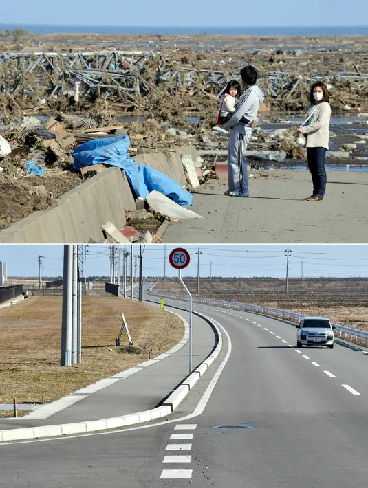 Foto kombinasi yang dibuat pada 4 Maret 2021 menunjukkan penduduk setempat (atas) melihat puing-puing yang dibawa tsunami besar di Minamisoma, prefektur Fukushima pada 12 Maret 2011 dan area yang sama (bawah) hampir 10 tahun kemudian pada tanggal 25 Januari 2021. (AFP/Toru Yamanaka, Kazuhiro Nogi)