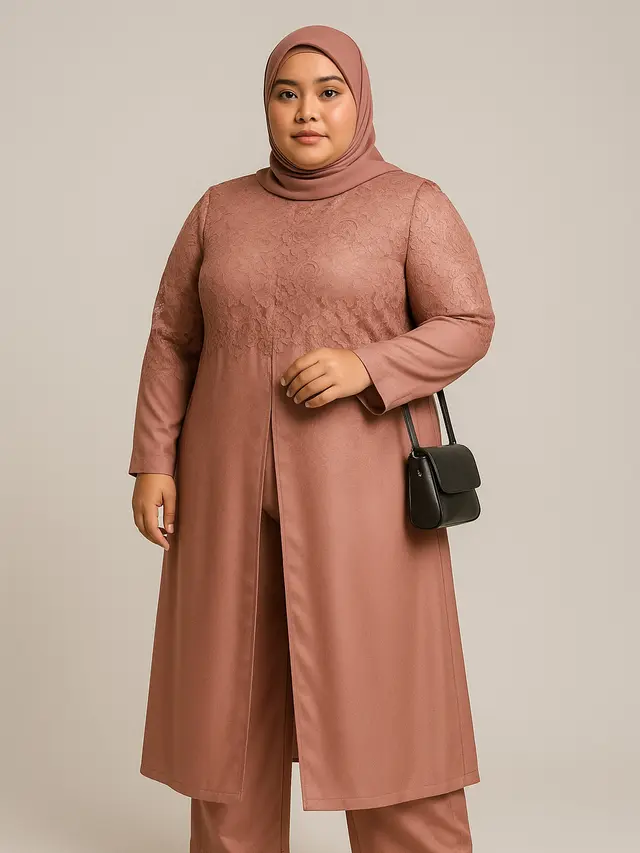 Model Gamis Satin Kombinasi Brokat untuk Orang Gemuk (Foto: ChatGPT)