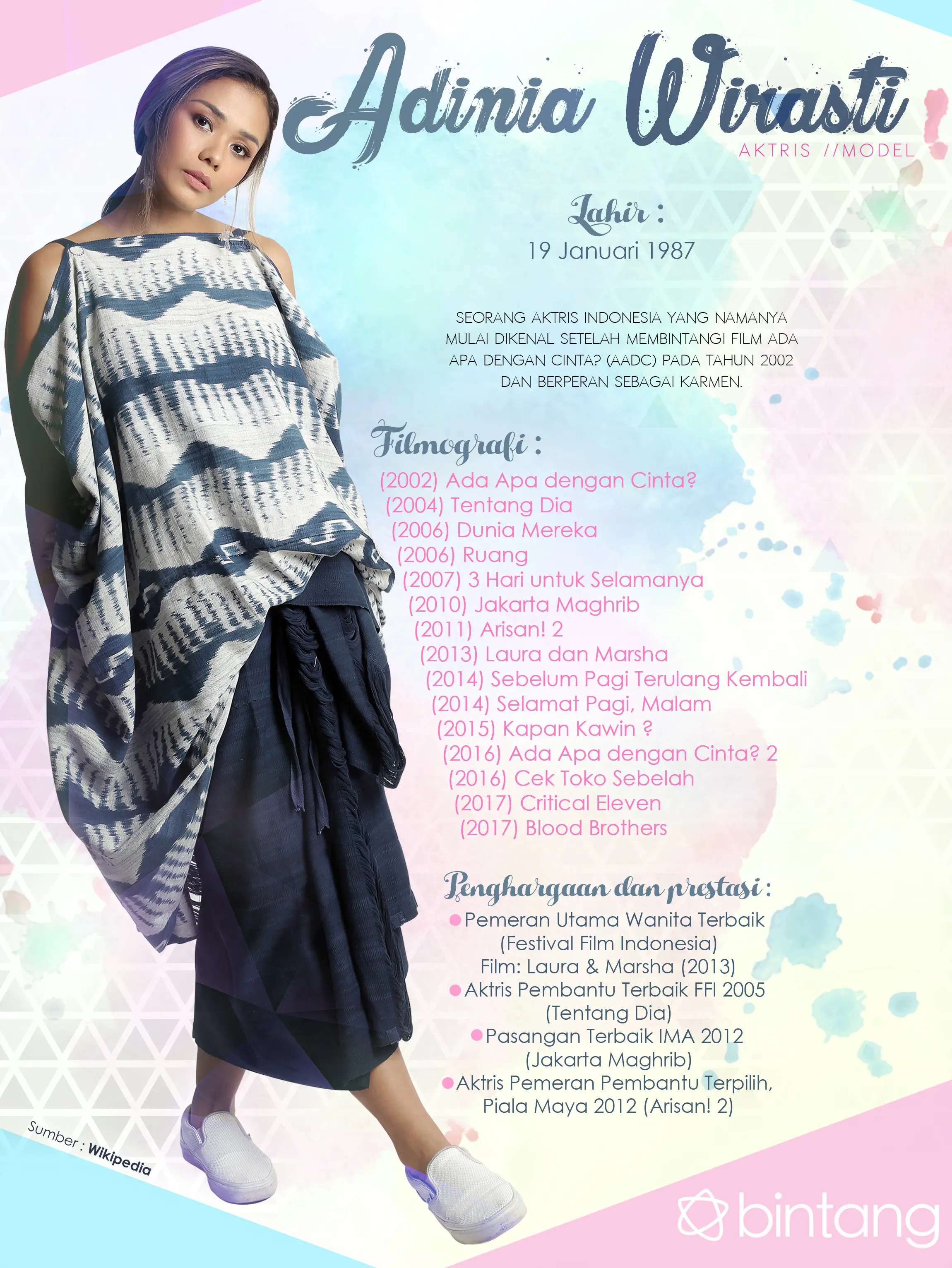 Celeb Bio Adinia Wirasti (Photographer : Galih W. Satria, Stylist : Indah Wulansari, Wardrobe : @sejauhmatamemandang SEJAUH HUMBA Earrings : @edgy_id, MUA: @graciastella, Desain: Nurman Abdul Hakim/Bintang.com)