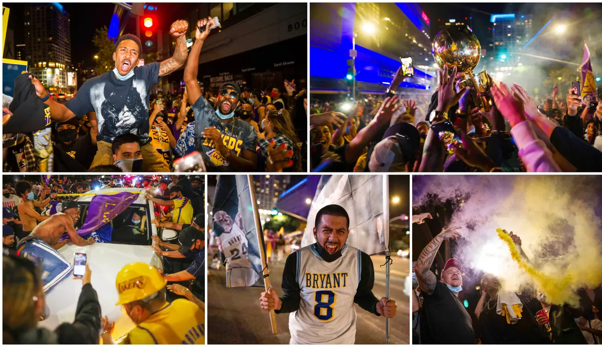 Para fans LA Lakers larut dalam suka cita saat merayakan gelar juara NBA 2020. Mereka tumpah ruah di jalanan Los Angeles, Amerika Serikat.