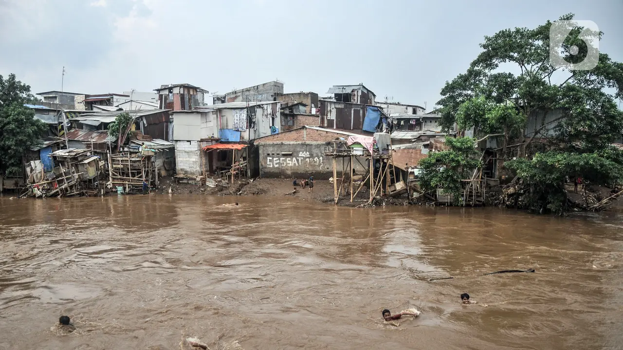 FOTO: Berenang di Luapan Kali Ciliwung
