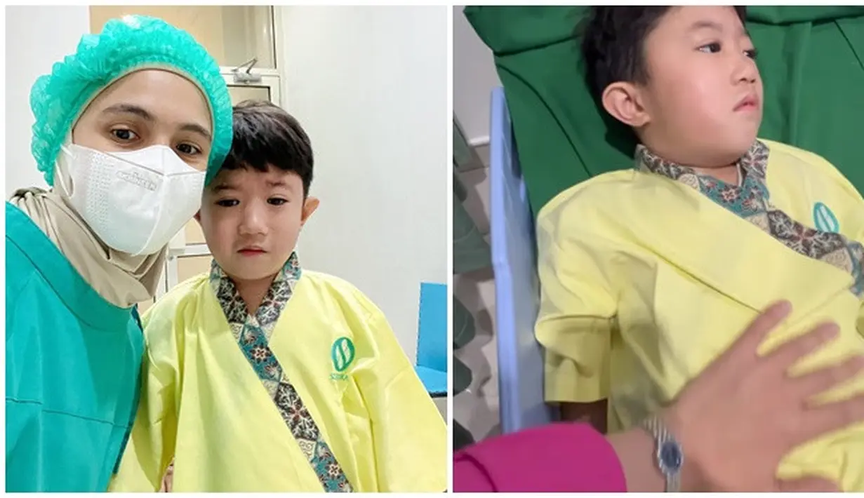 Lengkap pakai masker, nurse cap dan jubah khusus, Nycta Gina diketahui mendampingi Uta di ruang operasi. Baru berusia 7 tahun namun sudah merasakan menjalani operasi, wajah tegang terlihat di wajah Uta. Namun Gina dengan sabar menenangkan anak tercintanya itu. Lewat keterangan unggahannya, artis berusia 39 tahun ungkap bangga dengan anak pertamanya. (Liputan6.com/IG/@missnyctagina)