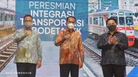 Peresmian Integrasi Transportasi Jabodetabek secara daring dihadiri Menteri BUMN Erick Thohir, Menteri Perhubungan Budi Karya Sumadi, dan Gubernur Provinsi DKI Jakarta  Anies Baswedan. (Dok Kemehub)