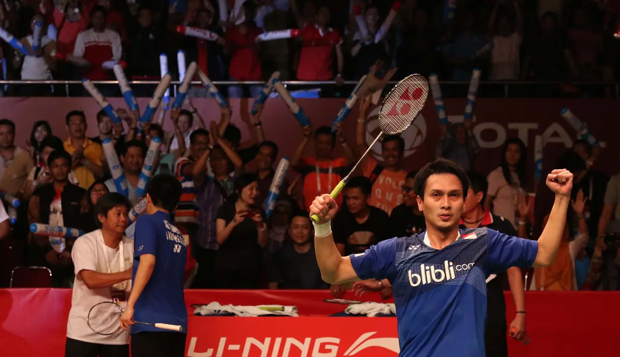 Ahsan/Hendra menjadi satu-satunya wakil tuan rumah di final Kejuaraan Dunia Bulutangkis 2015. (Bola.com/Arief Bagus)