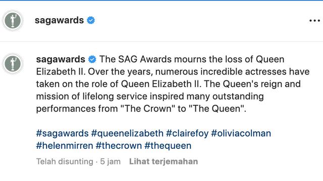 Unggahan SAG Awards terkait Ratu Elizabeth II meninggal dunia. (Foto: Dok. Instagram terverifikasi @sagawards)
