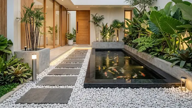 Taman Patio Minimalis dengan Jalur Batu Koral