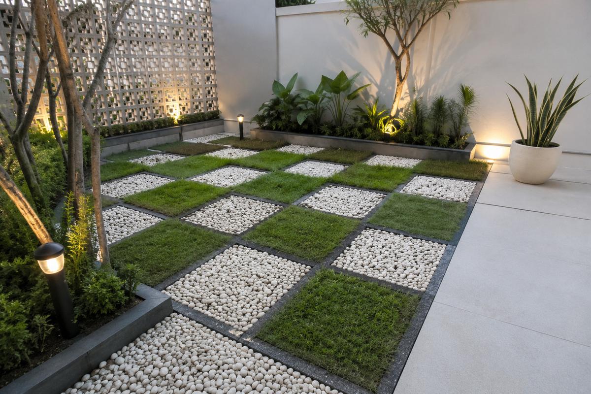 Inspirasi Kombinasi Batu Koral dan Rumput untuk Taman Minimalis