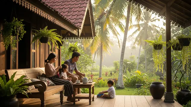 9 Inspirasi Teras Rumah Kampung Ada Pohon Kelapa Biar Adem Alami, Bikin Betah