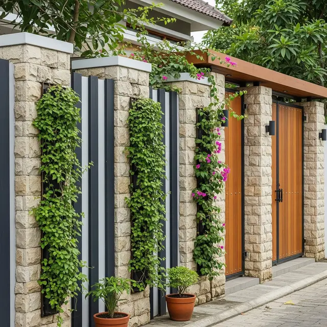 Pagar Batu Alam Berpadu Besi Minimalis, Gaya Rustic Elegan