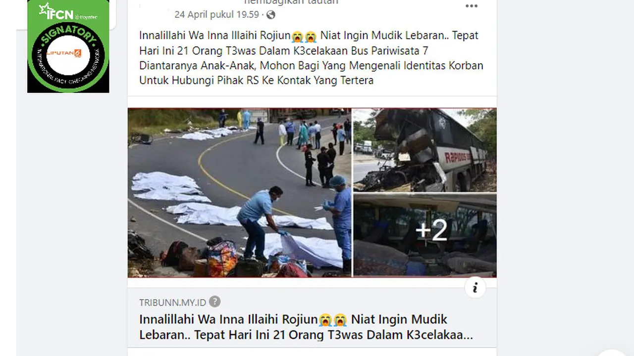 Tangkapan layar informasi 21 orang tewas dalam kecelakaan bus saat mudik lebaran