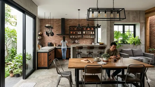 Rumah Mungil Type 45 dengan Dapur Terbuka Menyatu Ruang Makan (Foto: Gemini AI)