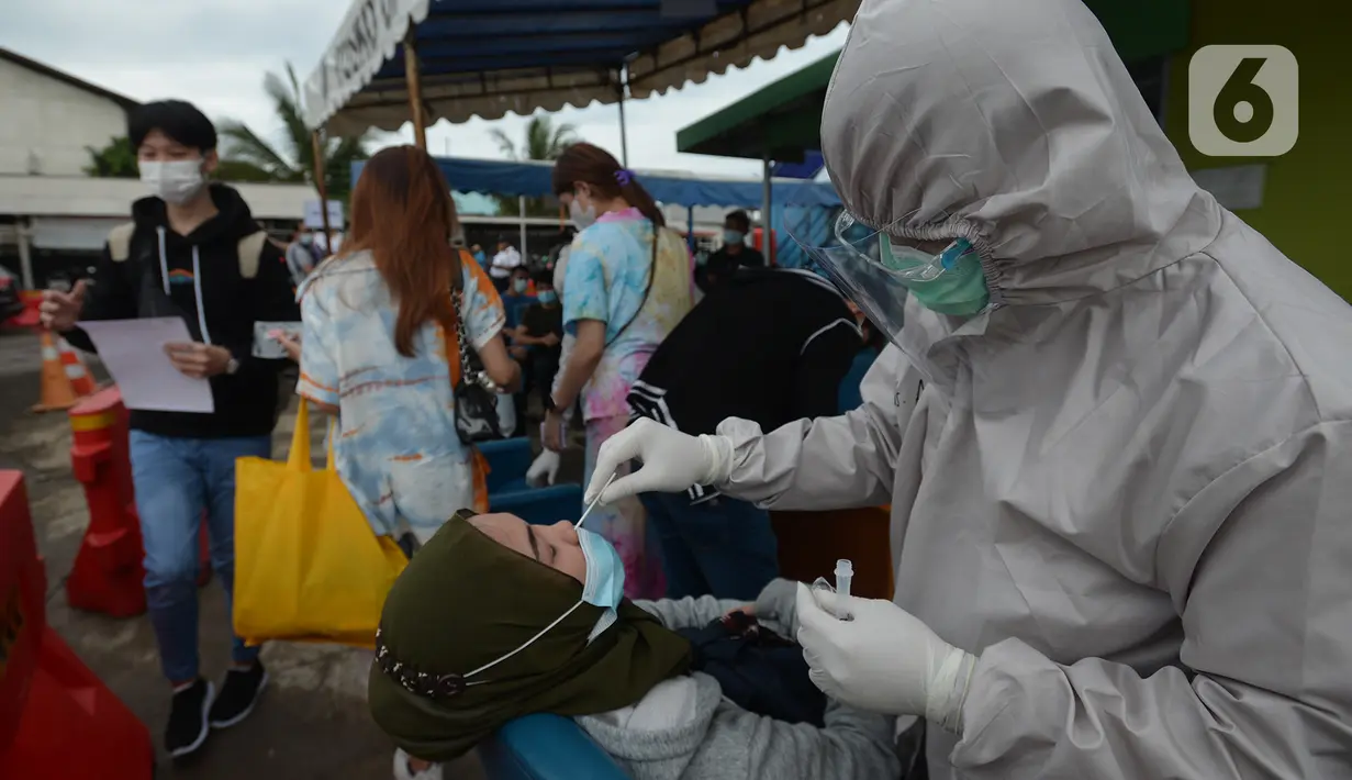 Petugas medis mengambil sampel lendir seorang perempuan untuk tes usap atau Swab Antigen di Pelabuhan Kali Adem, Jakarta, Kamis (31/12/2020). Pemeriksaan swab antigen wisatawan yang akan libur Tahun Baru di Kepulauan Seribu dilakukan untuk mencegah penyebaran COVID-19. (merdeka.com/Imam Buhori)