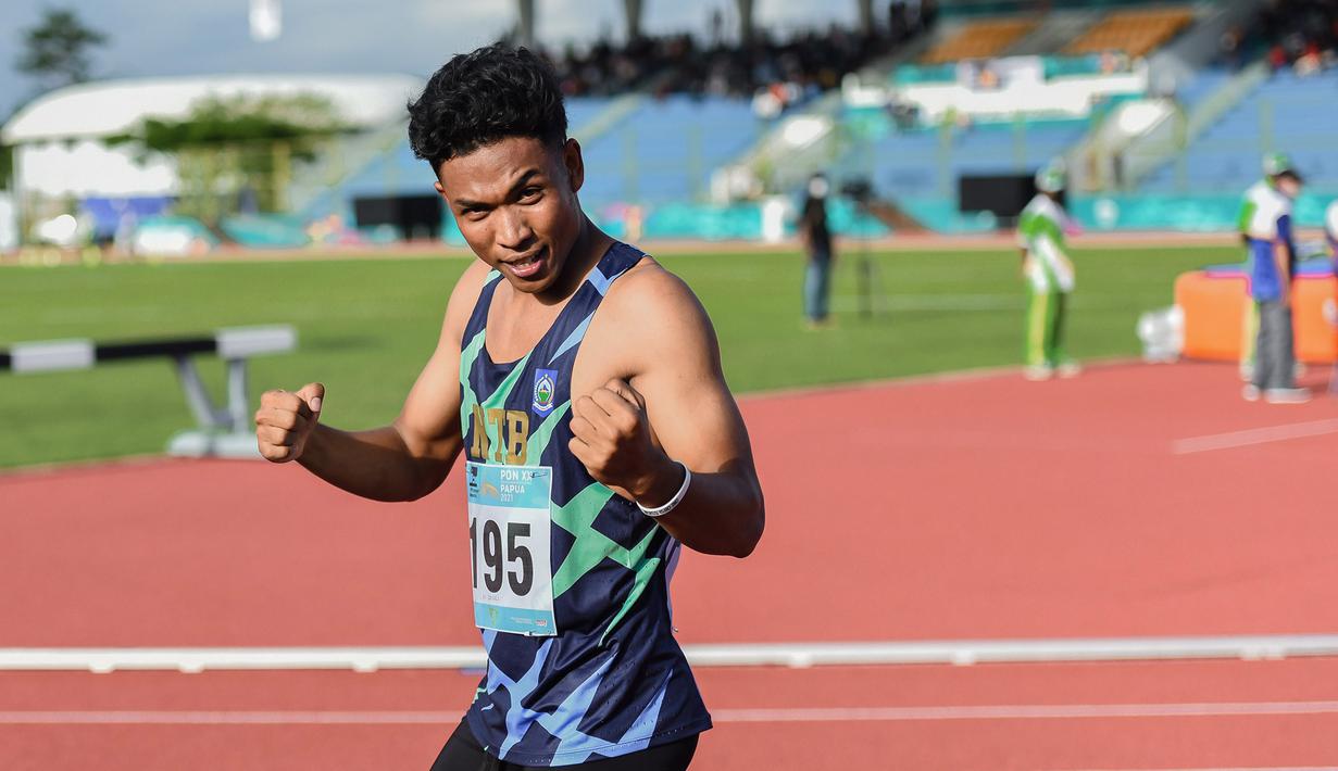Sprinter Nusa Tenggara Barat Lalu Mohammad Zohri (195) seusai mengikuti final lari 100 meter putri PON XX Papua di Stadion Atletik, Mimika SPort Complex, Rabu (6/10/2021). (Foto: PB PON XX PAPUA 2021/Rommy Pujianto)