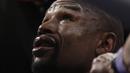 Wajah sakit Mayweather Jr. saat menunggu ronde berikutnya dimainkan. (AP Photo/Isaac Brekken)