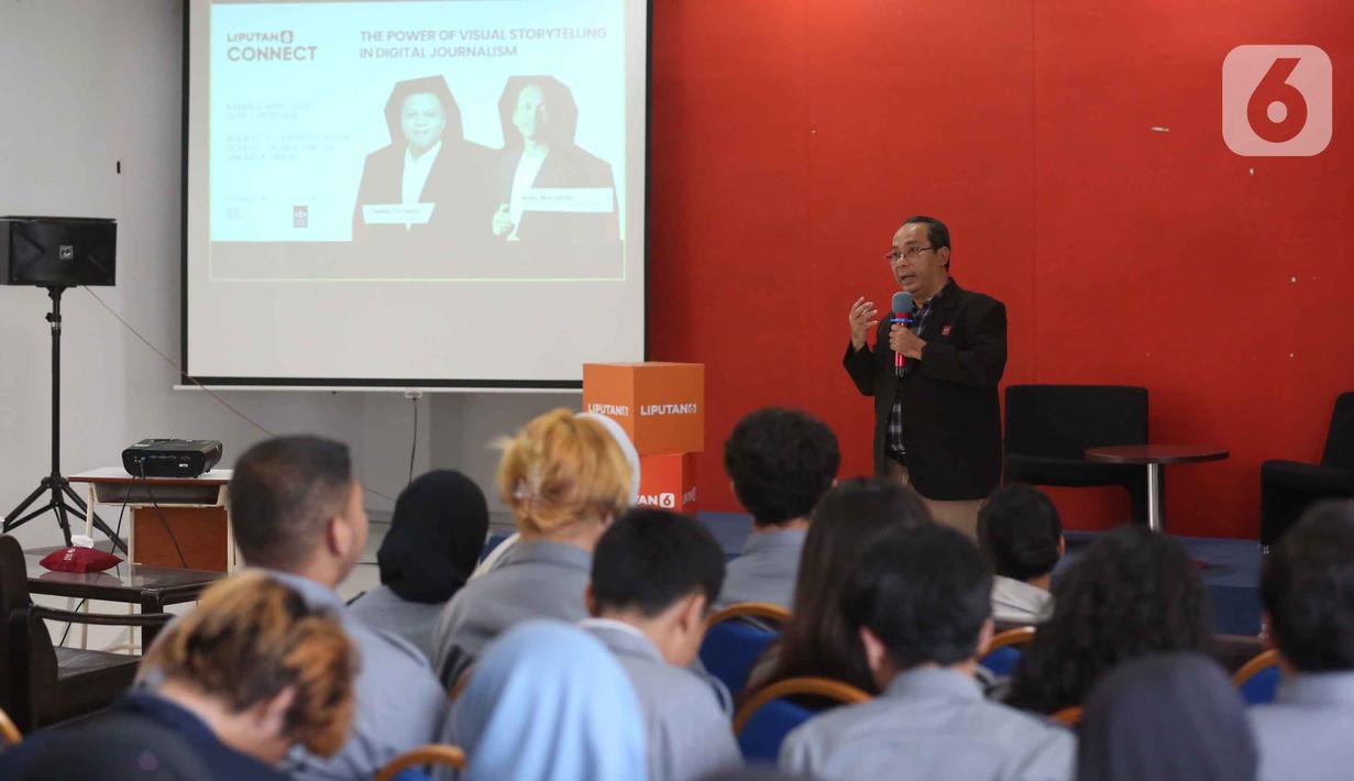 Budi Suyanto berharap sesi yang telah berlangsung dapat dimanfaatkan sebaik mungkin oleh para mahasiswa untuk menambah wawasan dan pengetahuan. Tampak dalam foto, etua Trisakti Multimedia (TMM), Budi Suyanto, S.Sn., M.Si., memberi sambutan sebelum paparan materi dengan tema “The Power of Visual Storytelling in Digital Journalism,” dalam program Liputan6 Connect di Aula Lantai 3 Kampus Trisakti School of Multimedia, Jakarta Timur, pada Kamis 2 April 2026. (Liputan6.com/Helmi Fithriansyah)