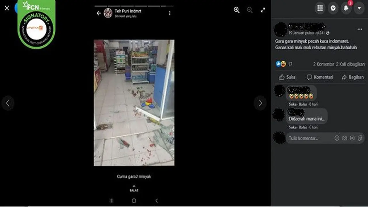 Gambar Tangkapan Layar Foto yang Diklaim Kaca Indomaret Pecah Akibat Membludaknya Konsumen Membeli Minyak Goreng (sumber: Facebook).