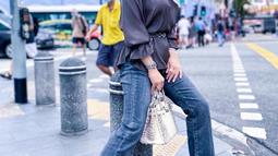 Berpose di hadapan kamera, Syahrini terlihat begitu cantik dalam balutan blouse warna gelap dengan aksen lengan kece. Ia juga memakai celana jeans panjang pamerkan kaki jenjangnya. (instagram.com/princessyahrini)