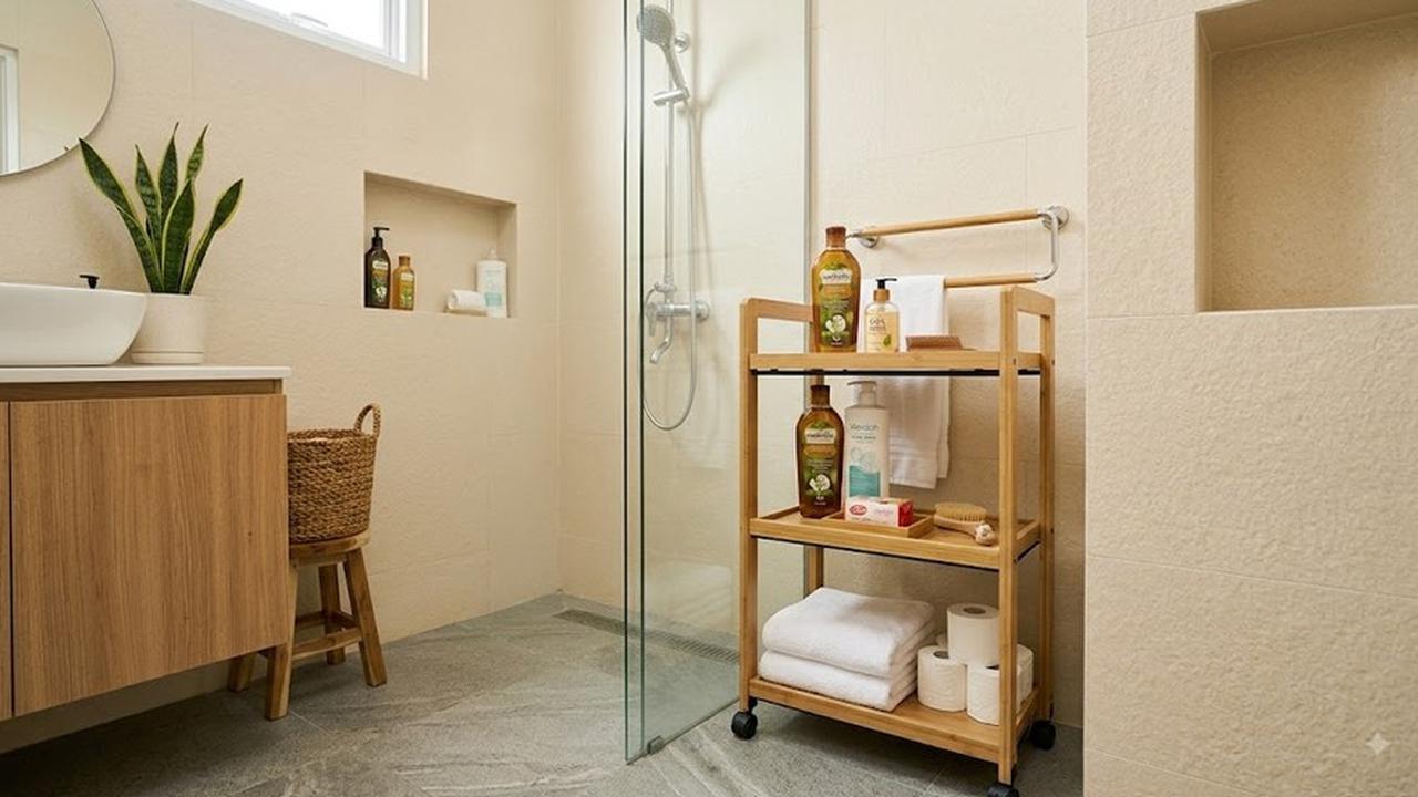 Model Rak Kamar Mandi untuk Menyimpan Banyak Barang Tanpa Terlihat Penuh (AI generated)