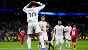 Selebrasi Kylian Mbappe dalam laga Liga Spanyol antara Real Madrid vs Sevilla, Minggu (21/12/2025). (AP Photo/Manu Fernandez)