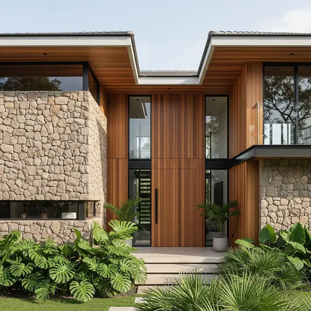 Desain Fasad Rumah Batu Alam Terbaru (Image by Gemini AI)