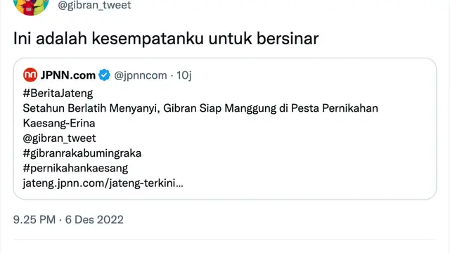 Cuitan Gibran Rakabuming soal nyumbang 10 lagu di pernikahan Kaesang Pangarep. (Foto: Dok. Twitter @gibran_tweet)