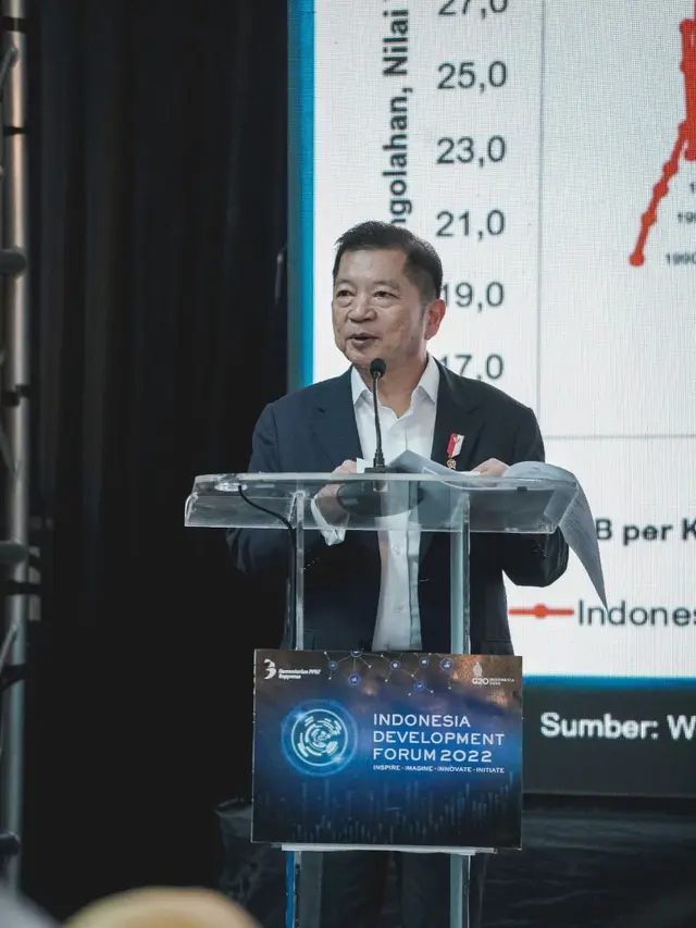 Menteri PPN/Kepala Bappenas Suharso Monoarfa dalam acara puncak Indonesia Development Forum di Bali, Senin (21/11/2022).