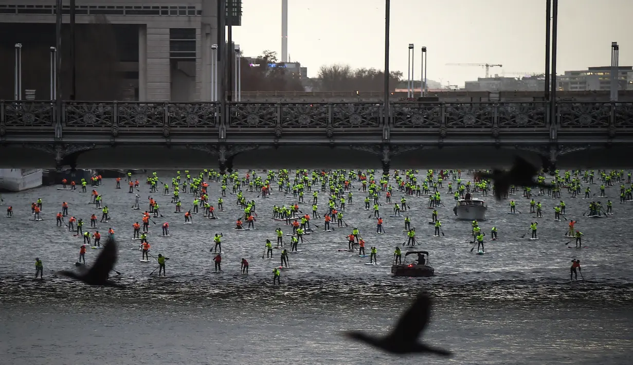 Para peserta mengambil bagian dalam Nautic Paddle Race di Paris, Minggu (9/12). Sekitar 800 orang mengikuti lomba dayung sambil berdiri terbesar di dunia sejauh 11 km dengan pemandangan kota Paris. (Lucas BARIOULET/AFP)