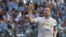 Selebrasi Kevin De Bruyne dalam laga pramusim Napoli vs Girona, Minggu (10/8/2025). (La Presse via AP Photo/Alessandro Garofalo)